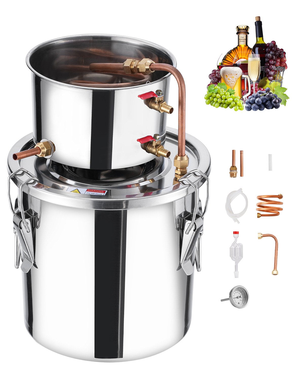 VEVOR Alcohol Still, 3 Gal / 11.4 L Stainless Steel Water Alcohol Distiller with Copper Coil, Home Brewing Refining Fermentation Kit with Thermometer, for Wine Whisky Brandy, Silver - DLNTZLQYS3JLJYT44V0 - view 1