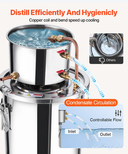 VEVOR Alcohol Still, 3 Gal / 11.4 L Stainless Steel Water Alcohol Distiller with Copper Coil, Home Brewing Refining Fermentation Kit with Thermometer, for Wine Whisky Brandy, Silver - DLNTZLQYS3JLJYT44V0 - view 6