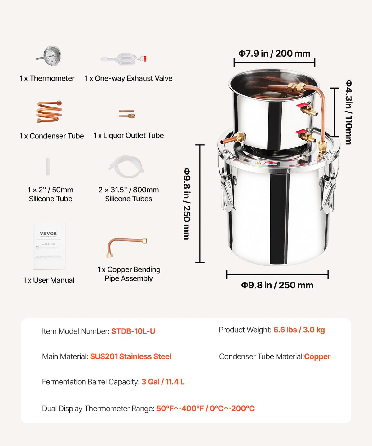 VEVOR Alcohol Still, 3 Gal / 11.4 L Stainless Steel Water Alcohol Distiller with Copper Coil, Home Brewing Refining Fermentation Kit with Thermometer, for Wine Whisky Brandy, Silver - DLNTZLQYS3JLJYT44V0 - view 8