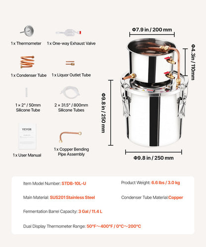 VEVOR Alcohol Still, 3 Gal / 11.4 L Stainless Steel Water Alcohol Distiller with Copper Coil, Home Brewing Refining Fermentation Kit with Thermometer, for Wine Whisky Brandy, Silver - DLNTZLQYS3JLJYT44V0 - view 8