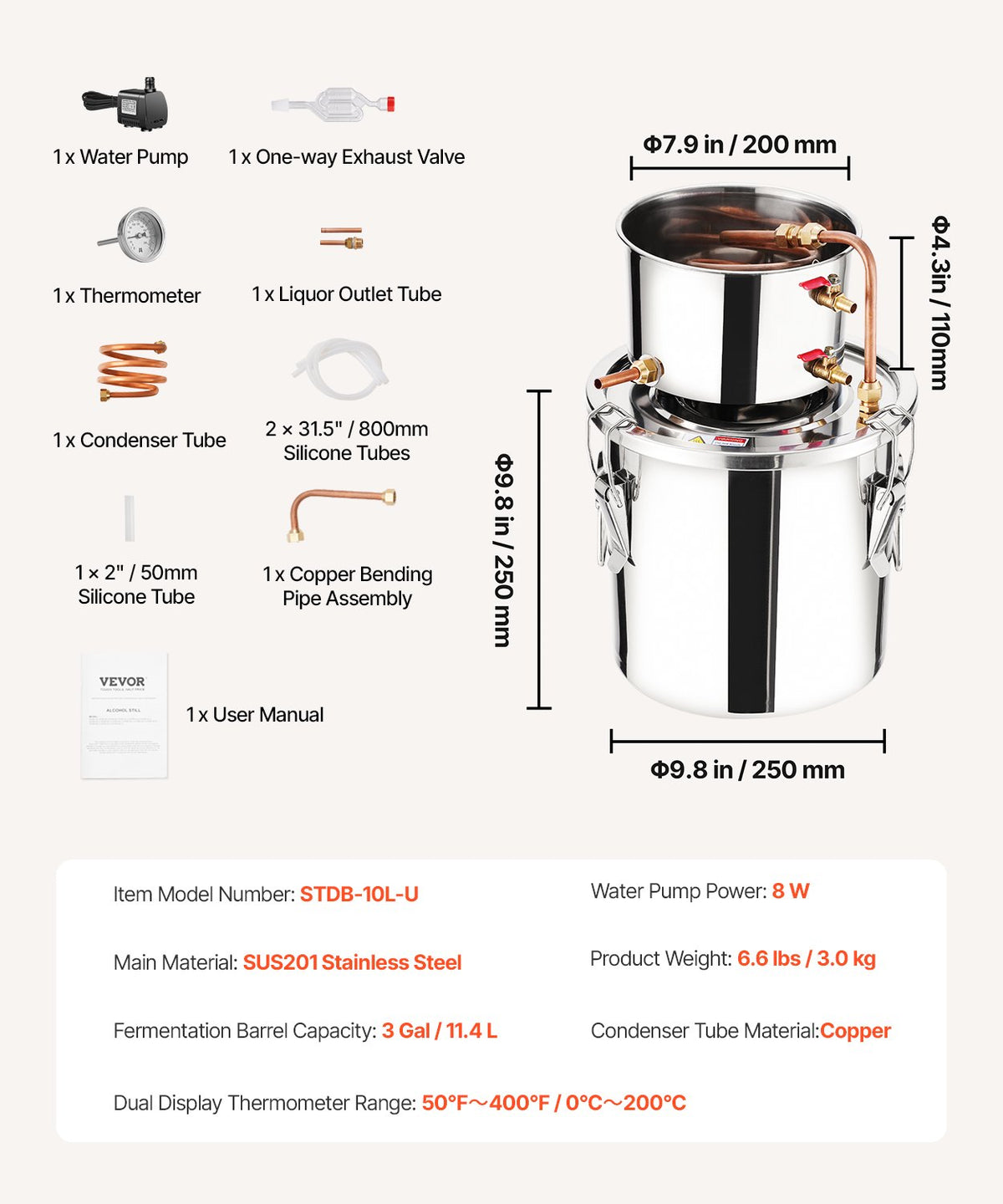 VEVOR Alcohol Still, 3 Gal / 11.4 L Stainless Steel Water Alcohol Distiller with Copper Coil, Home Brewing Refining Fermentation Kit with Thermometer & Pump, for Wine Whisky Brandy, Silver - DLNTZLQYS3JLYMUT6V1 - view 8