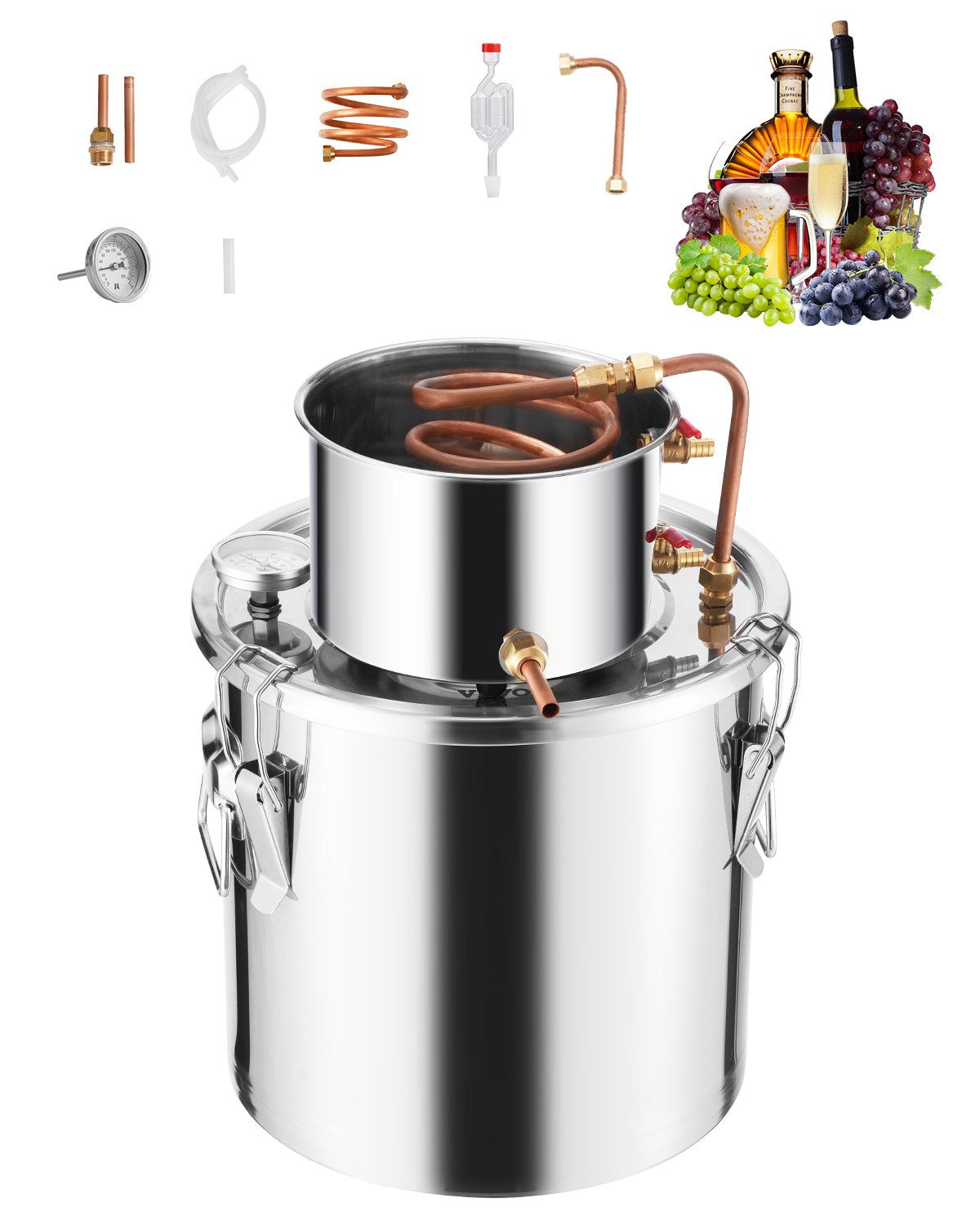 VEVOR Alcohol Still, 5 Gal / 19 L Stainless Steel Water Alcohol Distiller with Copper Coil, Home Brewing Refining Fermentation Kit with Thermometer, for Wine Whisky Brandy, Silver - DLNTZLQYS5JLEEWT9V0 - view 1