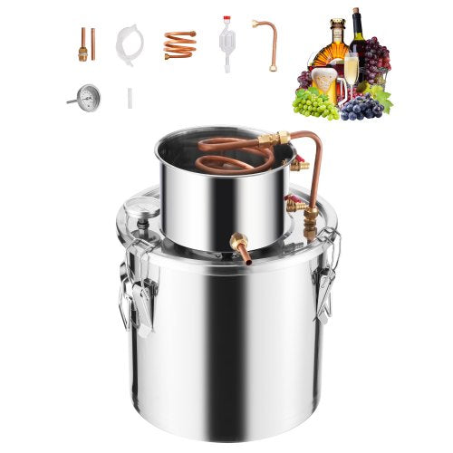 VEVOR Alcohol Still, 5 Gal / 19 L Stainless Steel Water Alcohol Distiller with Copper Coil, Home Brewing Refining Fermentation Kit with Thermometer, for Wine Whisky Brandy, Silver - DLNTZLQYS5JLEEWT9V0 - view 2
