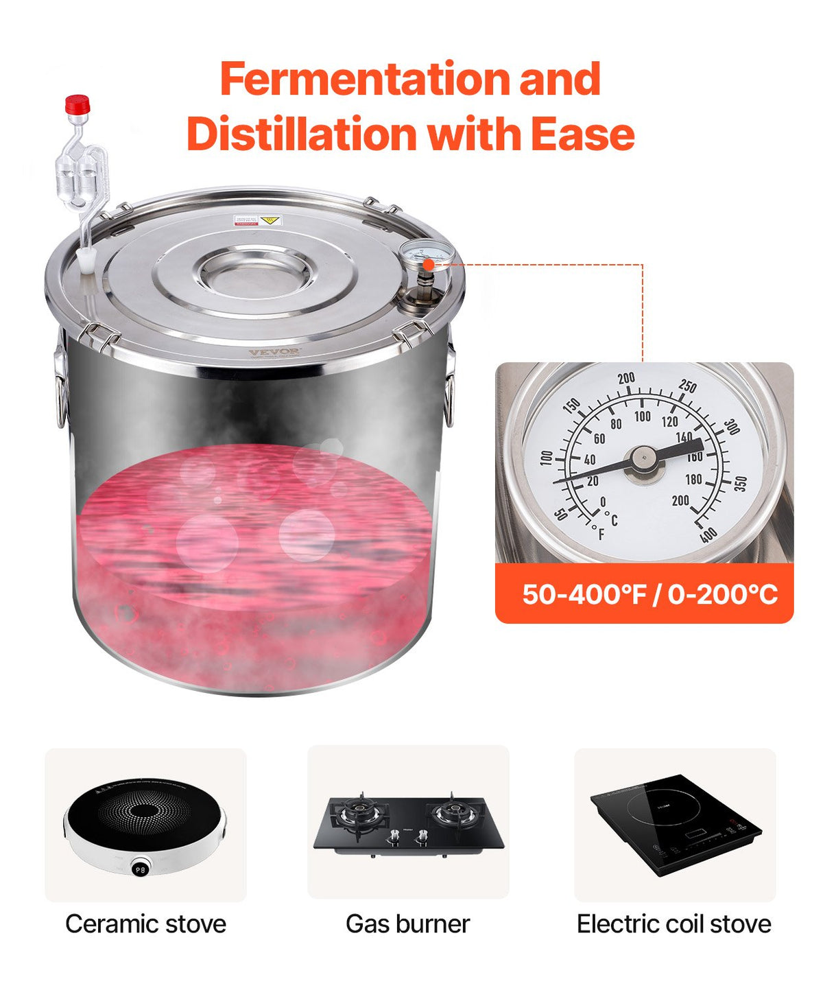 VEVOR Alcohol Still, 5 Gal / 19 L Stainless Steel Water Alcohol Distiller with Copper Coil, Home Brewing Refining Fermentation Kit with Thermometer, for Wine Whisky Brandy, Silver - DLNTZLQYS5JLEEWT9V0 - view 4