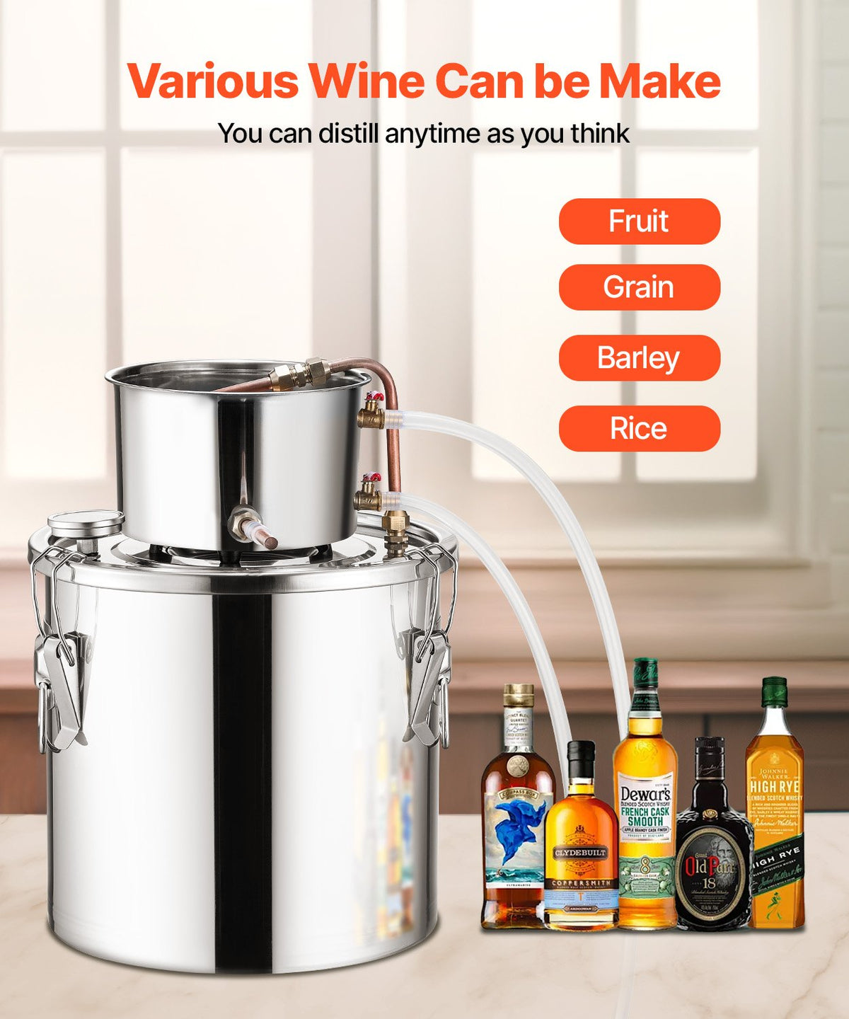 VEVOR Alcohol Still, 5 Gal / 19 L Stainless Steel Water Alcohol Distiller with Copper Coil, Home Brewing Refining Fermentation Kit with Thermometer, for Wine Whisky Brandy, Silver - DLNTZLQYS5JLEEWT9V0 - view 5