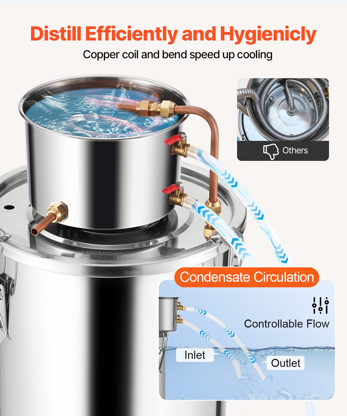 VEVOR Alcohol Still, 5 Gal / 19 L Stainless Steel Water Alcohol Distiller with Copper Coil, Home Brewing Refining Fermentation Kit with Thermometer, for Wine Whisky Brandy, Silver - DLNTZLQYS5JLEEWT9V0 - view 6