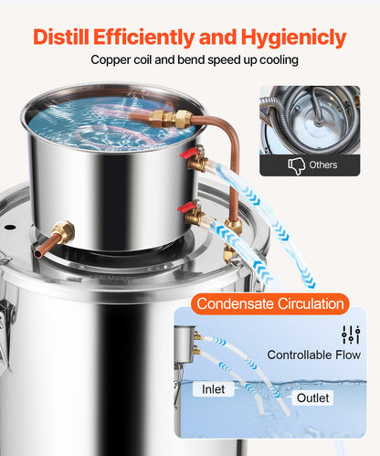 VEVOR Alcohol Still, 5 Gal / 19 L Stainless Steel Water Alcohol Distiller with Copper Coil, Home Brewing Refining Fermentation Kit with Thermometer, for Wine Whisky Brandy, Silver - DLNTZLQYS5JLEEWT9V0 - view 6