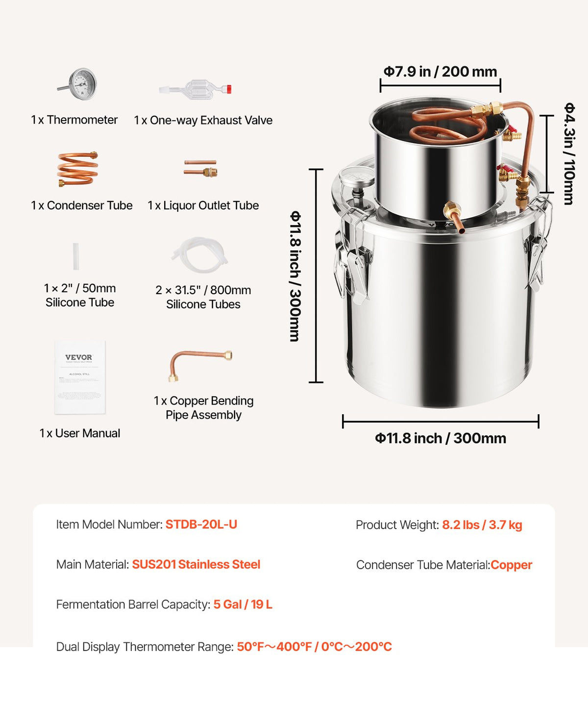 VEVOR Alcohol Still, 5 Gal / 19 L Stainless Steel Water Alcohol Distiller with Copper Coil, Home Brewing Refining Fermentation Kit with Thermometer, for Wine Whisky Brandy, Silver - DLNTZLQYS5JLEEWT9V0 - view 8