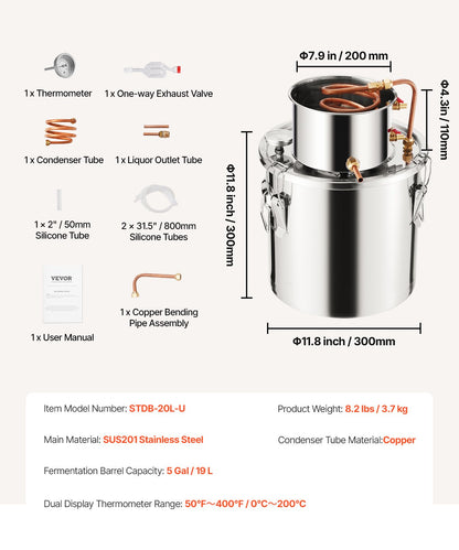 VEVOR Alcohol Still, 5 Gal / 19 L Stainless Steel Water Alcohol Distiller with Copper Coil, Home Brewing Refining Fermentation Kit with Thermometer, for Wine Whisky Brandy, Silver - DLNTZLQYS5JLEEWT9V0 - view 8