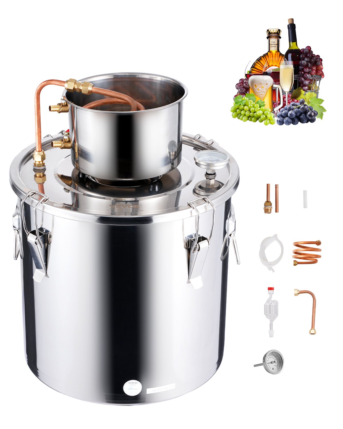 VEVOR Alcohol Still, 8 Gal / 30 L Stainless Steel Water Alcohol Distiller with Copper Coil, Home Brewing Refining Fermentation Kit with Thermometer, for Wine Whisky Brandy, Silver - DLNTZLQYS8JL8FA16V0 - view 1