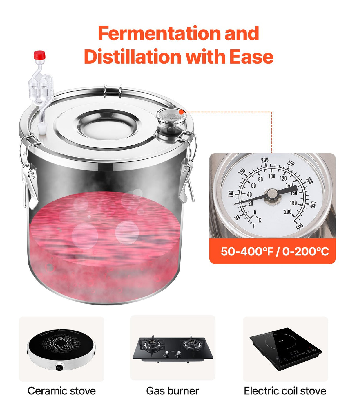 VEVOR Alcohol Still, 8 Gal / 30 L Stainless Steel Water Alcohol Distiller with Copper Coil, Home Brewing Refining Fermentation Kit with Thermometer, for Wine Whisky Brandy, Silver - DLNTZLQYS8JL8FA16V0 - view 4