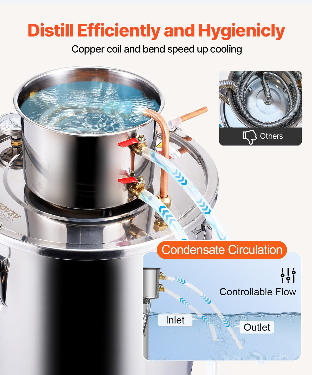 VEVOR Alcohol Still, 8 Gal / 30 L Stainless Steel Water Alcohol Distiller with Copper Coil, Home Brewing Refining Fermentation Kit with Thermometer, for Wine Whisky Brandy, Silver - DLNTZLQYS8JL8FA16V0 - view 5
