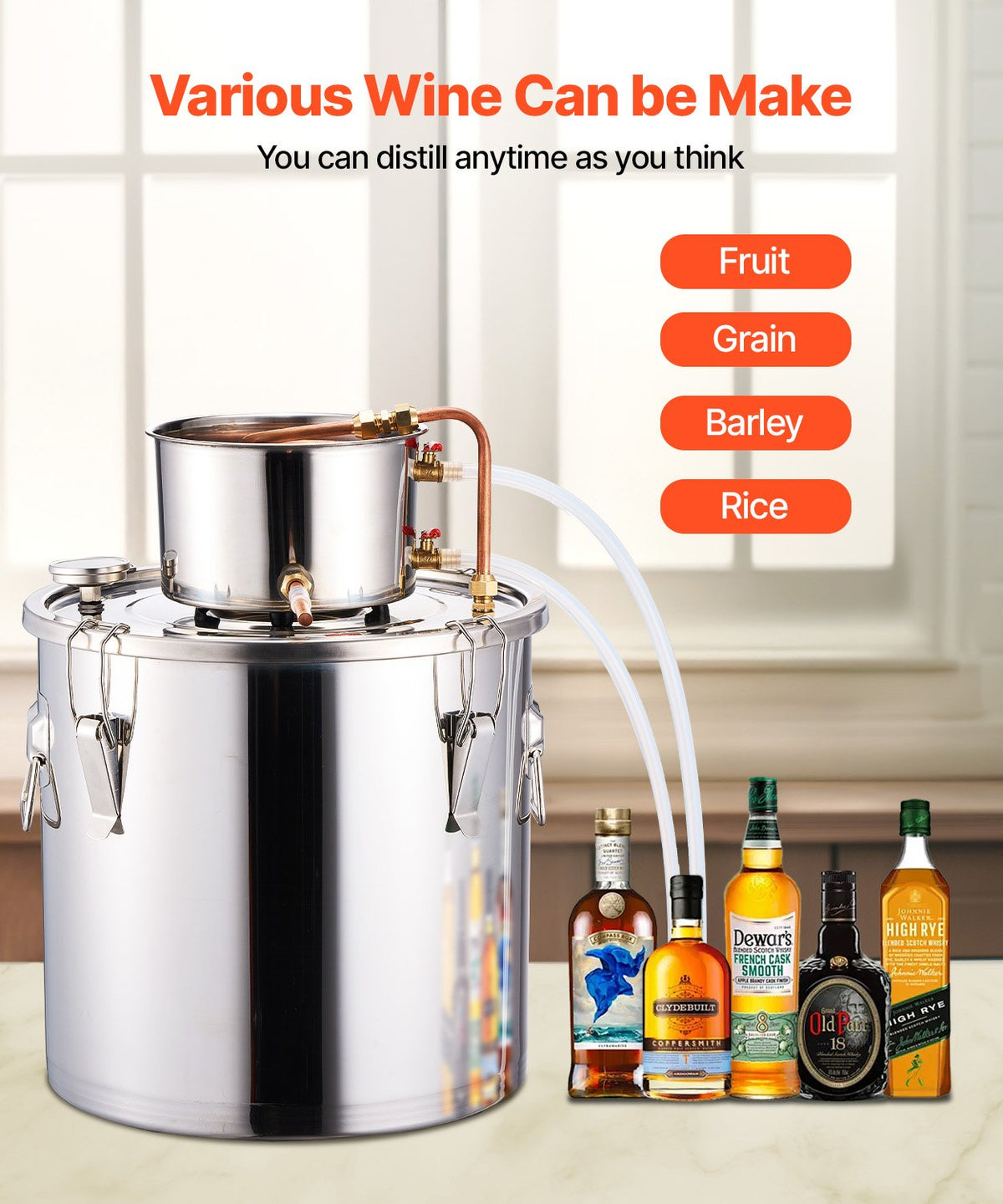 VEVOR Alcohol Still, 8 Gal / 30 L Stainless Steel Water Alcohol Distiller with Copper Coil, Home Brewing Refining Fermentation Kit with Thermometer, for Wine Whisky Brandy, Silver - DLNTZLQYS8JL8FA16V0 - view 7