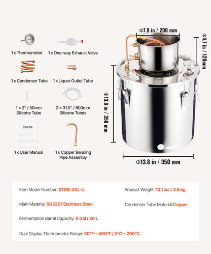 VEVOR Alcohol Still, 8 Gal / 30 L Stainless Steel Water Alcohol Distiller with Copper Coil, Home Brewing Refining Fermentation Kit with Thermometer, for Wine Whisky Brandy, Silver - DLNTZLQYS8JL8FA16V0 - view 8