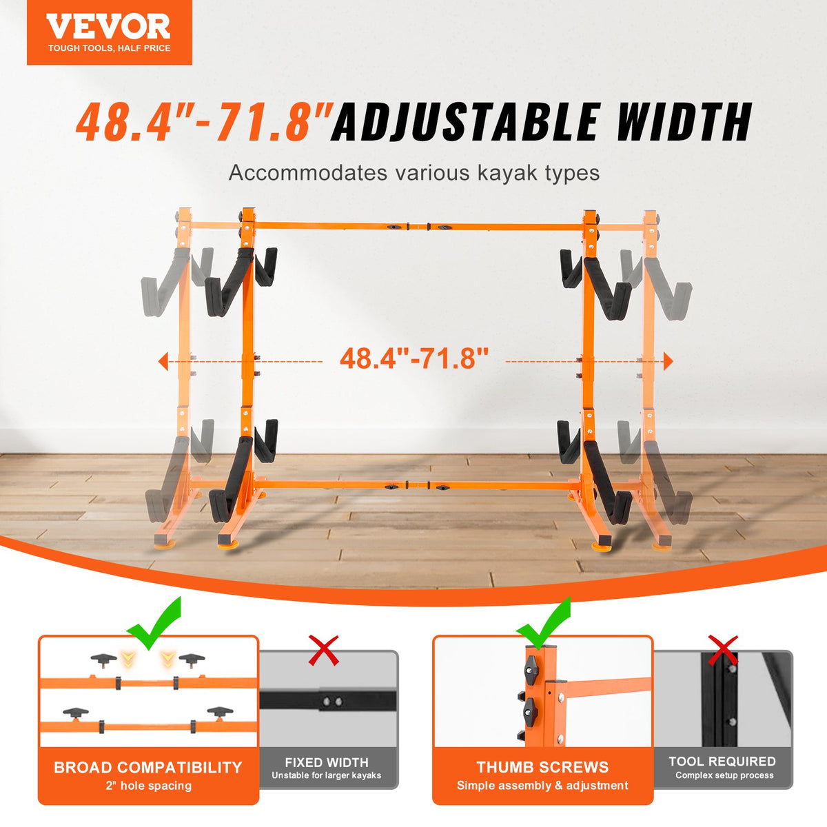 VEVOR Freestanding Kayak Storage Rack, Kayak Stand for 4 Kayak Canoe Paddleboard, Heavy-duty Steel Kayak Hanger Holder with Padded Arms and Adjustable Width, 220LBS Max Load, for Indoor Outdoor Garage - DLS4G0000000D8BUTV0 - view 3