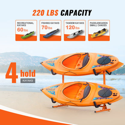 VEVOR Freestanding Kayak Storage Rack, Kayak Stand for 4 Kayak Canoe Paddleboard, Heavy-duty Steel Kayak Hanger Holder with Padded Arms and Adjustable Width, 220LBS Max Load, for Indoor Outdoor Garage - DLS4G0000000D8BUTV0 - view 6