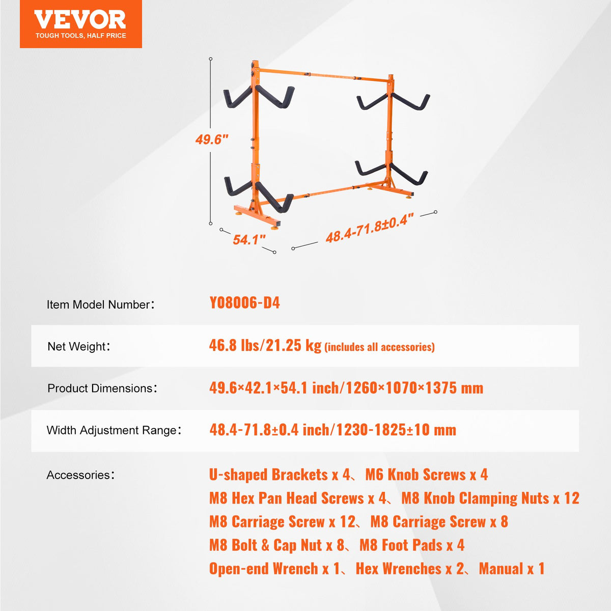 VEVOR Freestanding Kayak Storage Rack, Kayak Stand for 4 Kayak Canoe Paddleboard, Heavy-duty Steel Kayak Hanger Holder with Padded Arms and Adjustable Width, 220LBS Max Load, for Indoor Outdoor Garage - DLS4G0000000D8BUTV0 - view 8