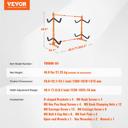 VEVOR Freestanding Kayak Storage Rack, Kayak Stand for 4 Kayak Canoe Paddleboard, Heavy-duty Steel Kayak Hanger Holder with Padded Arms and Adjustable Width, 220LBS Max Load, for Indoor Outdoor Garage - DLS4G0000000D8BUTV0 - view 8