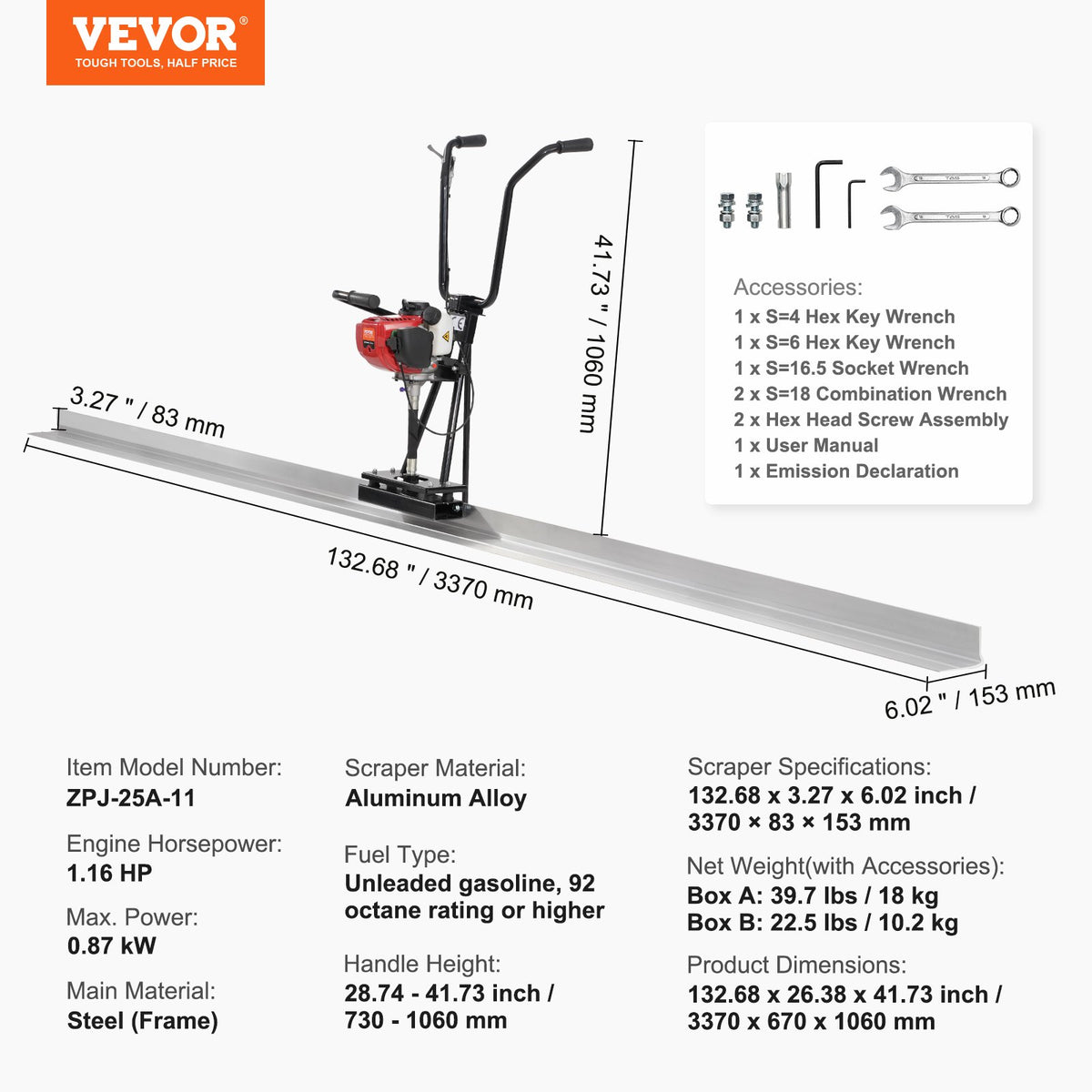 VEVOR Gas Concrete Power Screed, 11ft Aluminum Board Straight Edge Bar Set, 4 Stroke Cement Finishing Vibrating Motor with Height Adjustable Handles, High Efficient Concrete Tools 6500RPM - DLSHNTFZ135HFH85XV0 - view 8
