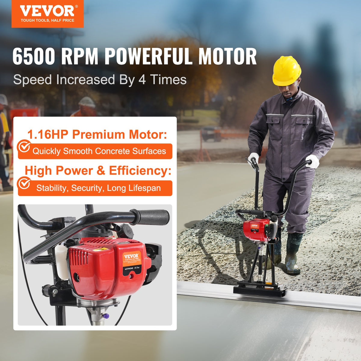 VEVOR Gas Concrete Power Screed, 8ft Aluminum Board Straight Edge Bar Set, 4 Stroke Cement Finishing Vibrating Motor with Height Adjustable Handles, High Efficient Concrete Tools 6500RPM - DLSHNTFZ135HOUXQGV0 - view 3