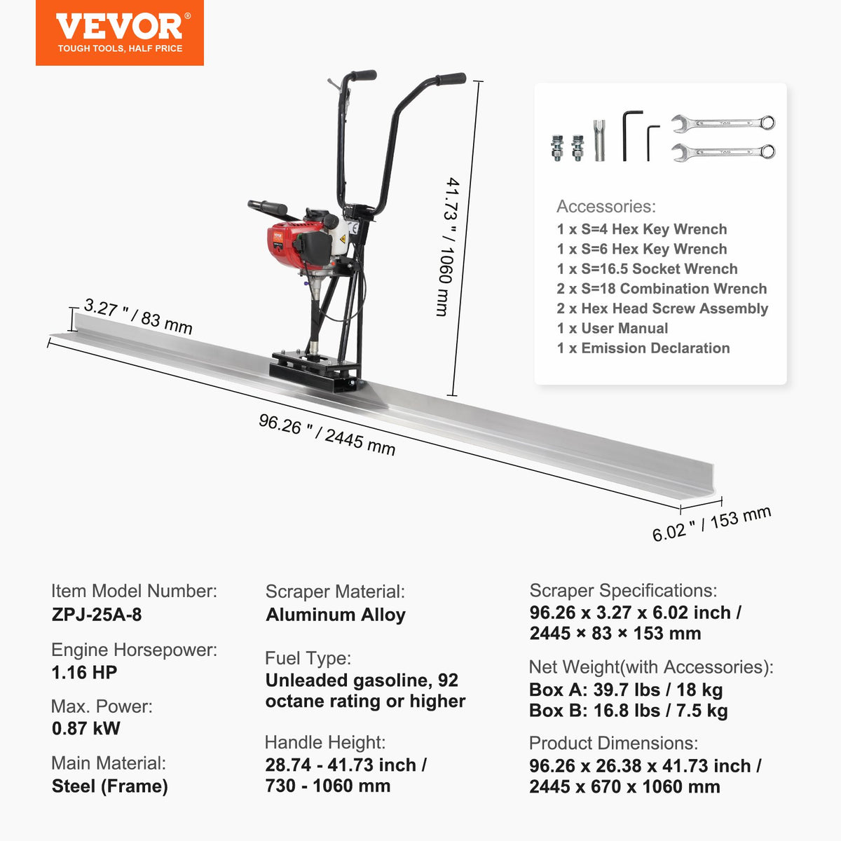 VEVOR Gas Concrete Power Screed, 8ft Aluminum Board Straight Edge Bar Set, 4 Stroke Cement Finishing Vibrating Motor with Height Adjustable Handles, High Efficient Concrete Tools 6500RPM - DLSHNTFZ135HOUXQGV0 - view 8