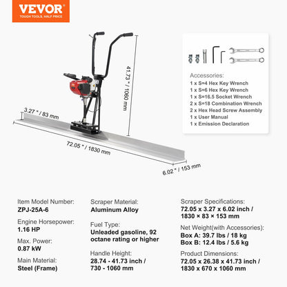 VEVOR Gas Concrete Power Screed, 6ft Aluminum Board Straight Edge Bar Set, 4 Stroke Cement Finishing Vibrating Motor with Height Adjustable Handles, High Efficient Concrete Tools 6500RPM - DLSHNTFZ135HW6BF8V0 - view 8