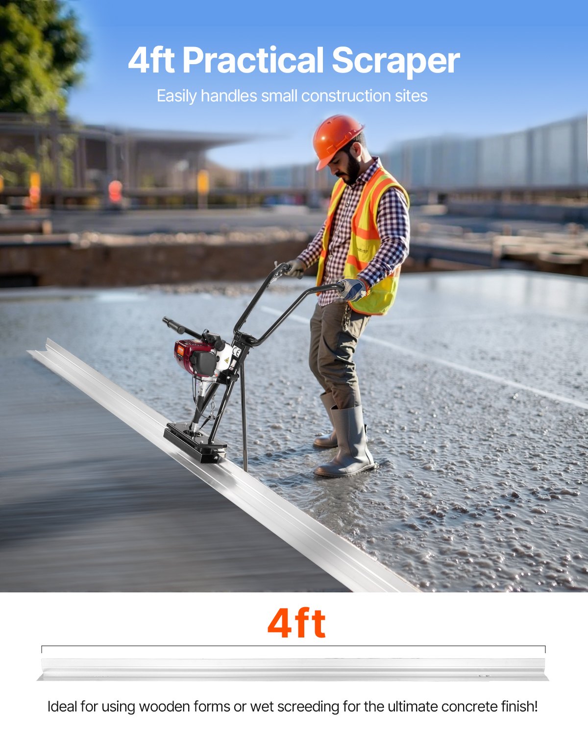 VEVOR Concrete Power Screed, 4 ft Aluminum Board Straight Edge Bar Set, 4 Stroke Cement Finishing Vibrating Motor with Height Adjustable Handles, High Efficient Concrete Tool 6500RPM - DLSHNTFZ4FTS3366S001V0 - view 5