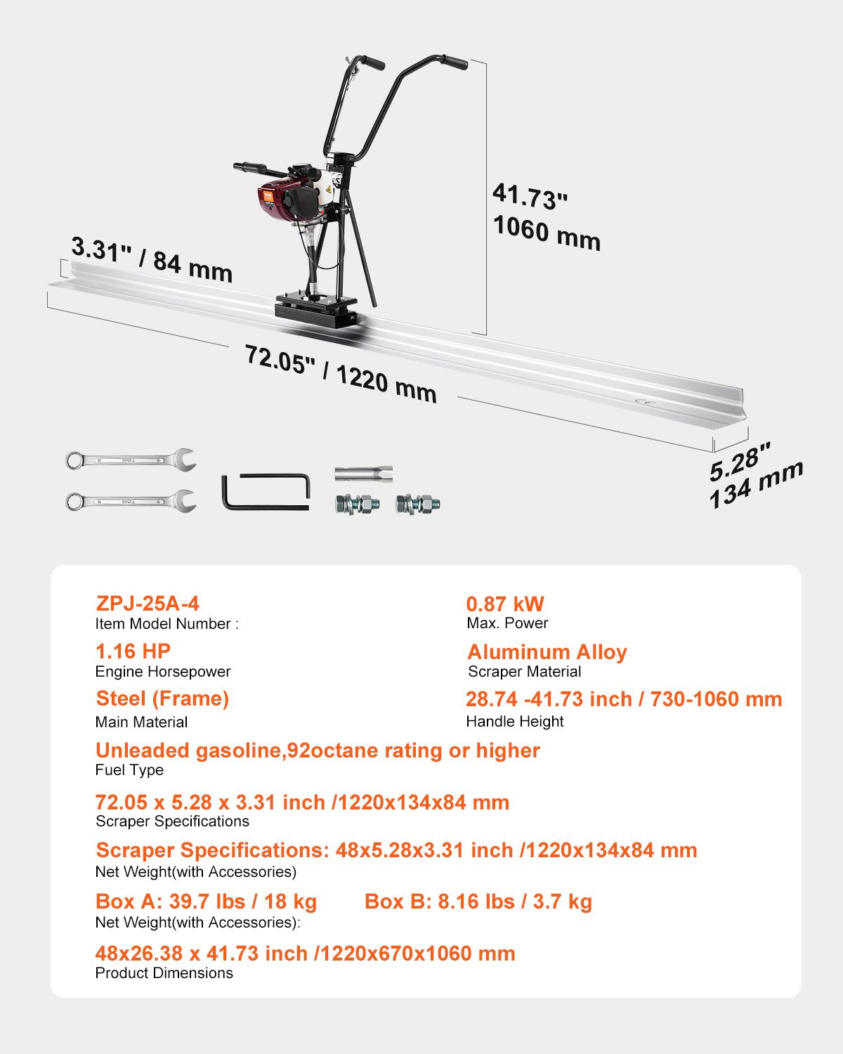 VEVOR Concrete Power Screed, 4 ft Aluminum Board Straight Edge Bar Set, 4 Stroke Cement Finishing Vibrating Motor with Height Adjustable Handles, High Efficient Concrete Tool 6500RPM - DLSHNTFZ4FTS3366S001V0 - view 8