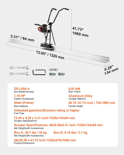 VEVOR Concrete Power Screed, 4 ft Aluminum Board Straight Edge Bar Set, 4 Stroke Cement Finishing Vibrating Motor with Height Adjustable Handles, High Efficient Concrete Tool 6500RPM - DLSHNTFZ4FTS3366S001V0 - view 8