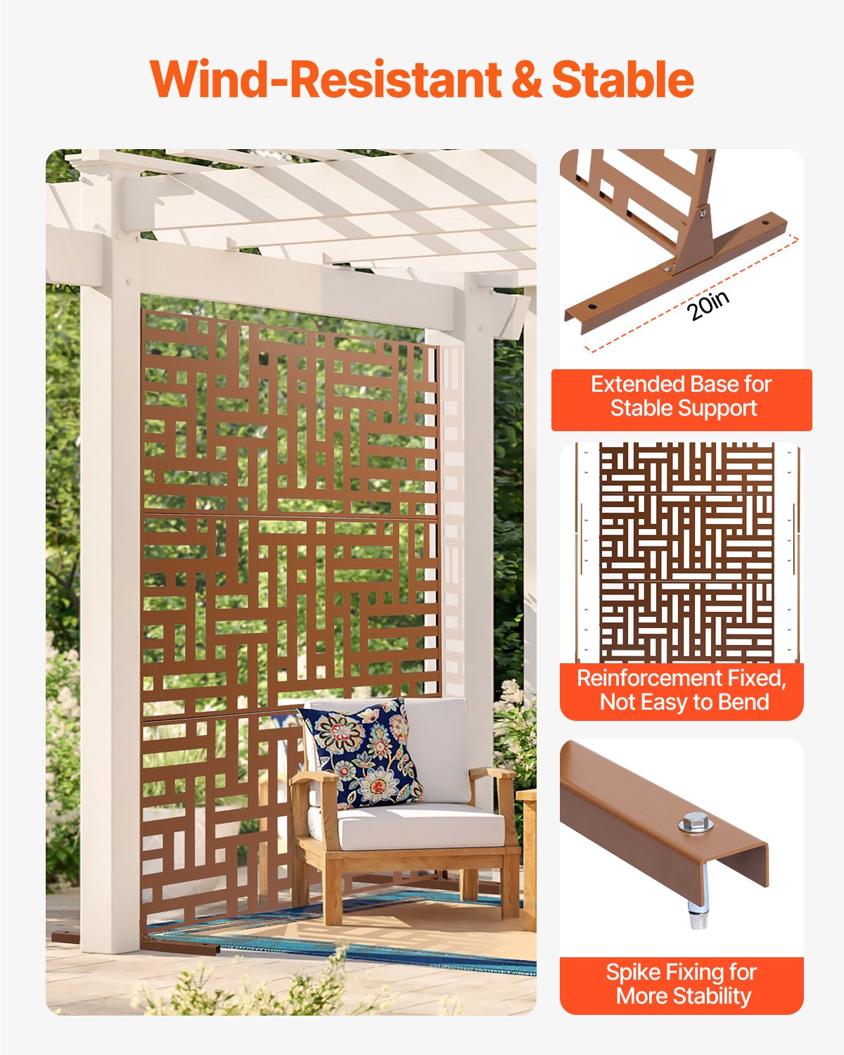 VEVOR Metal Privacy Screen, 36" W x 72" H, Outdoor Privacy Screens & Panels, Freestanding Outdoor Divider with Stand, 3-Panel Decorative Garden Steel Privacy Fence for Balcony Patio Indoor Room Brown - DLSHWYSPMJS3Y7EA1V0 - view 4