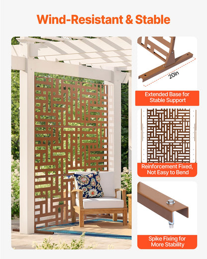 VEVOR Metal Privacy Screen, 36" W x 72" H, Outdoor Privacy Screens & Panels, Freestanding Outdoor Divider with Stand, 3-Panel Decorative Garden Steel Privacy Fence for Balcony Patio Indoor Room Brown - DLSHWYSPMJS3Y7EA1V0 - view 4