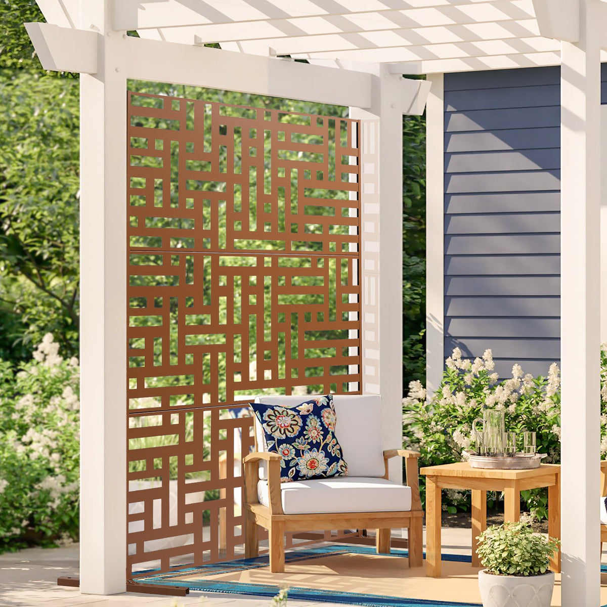 VEVOR Metal Privacy Screen, 36" W x 72" H, Outdoor Privacy Screens & Panels, Freestanding Outdoor Divider with Stand, 3-Panel Decorative Garden Steel Privacy Fence for Balcony Patio Indoor Room Brown - DLSHWYSPMJS3Y7EA1V0 - view 9
