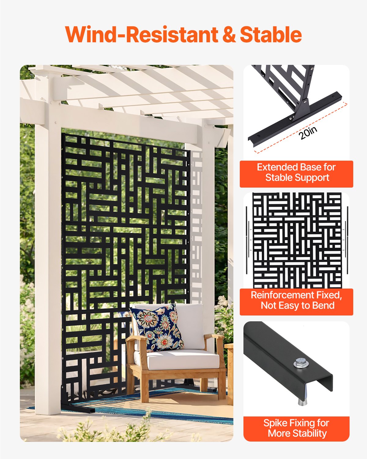 VEVOR Metal Privacy Screen, 47" W x 76" H, Outdoor Privacy Screens 3-Panel, Freestanding Outdoor Divider with Stand, Decorative Garden Steel Privacy Fence for Balcony Patio Indoor Room Hot Tub Black - DLSHWYSPMJS7CV2AZV0 - view 4