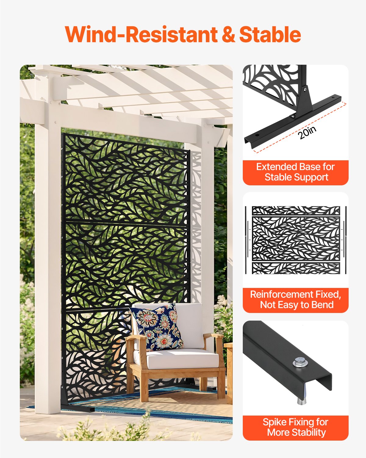 VEVOR Metal Privacy Screen, 47" W x 72" H, Outdoor Privacy Screens & Panels, Freestanding Outdoor Divider with Stand, 3-Panel Decorative Garden Steel Privacy Fence for Balcony Patio Indoor Room Black - DLSHWYSPMJS7J715TV0 - view 4