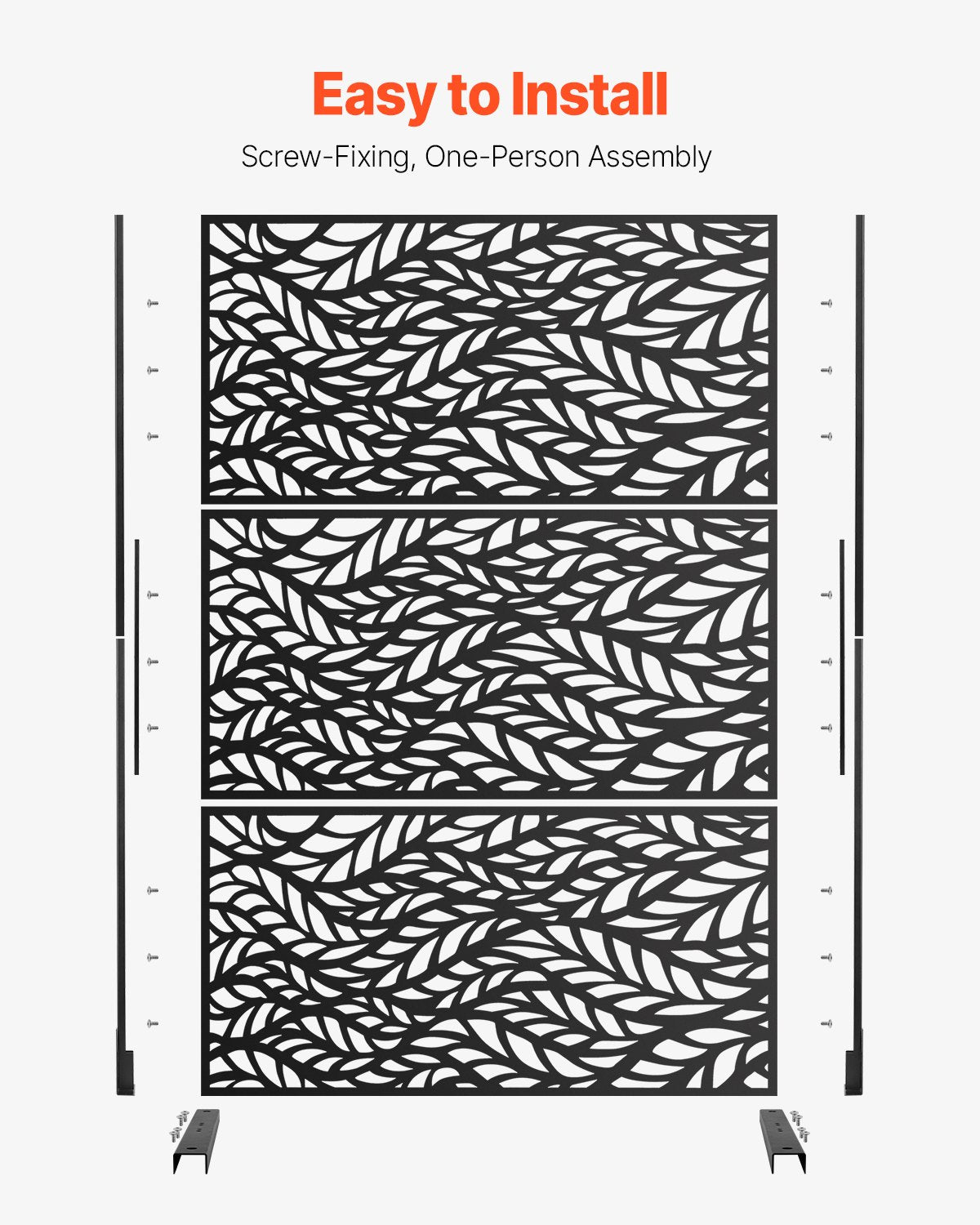 VEVOR Metal Privacy Screen, 47" W x 72" H, Outdoor Privacy Screens & Panels, Freestanding Outdoor Divider with Stand, 3-Panel Decorative Garden Steel Privacy Fence for Balcony Patio Indoor Room Black - DLSHWYSPMJS7J715TV0 - view 6