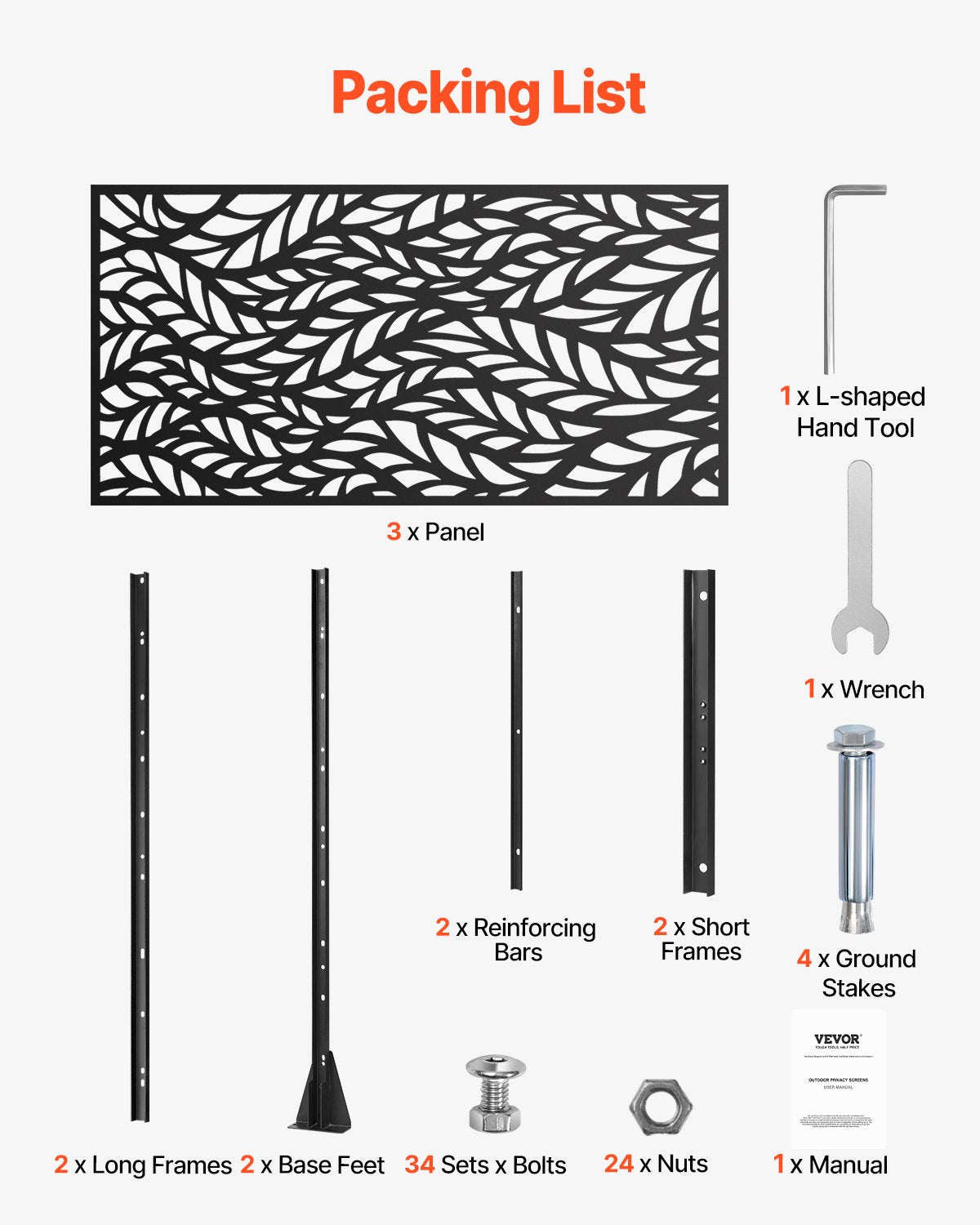 VEVOR Metal Privacy Screen, 47" W x 72" H, Outdoor Privacy Screens & Panels, Freestanding Outdoor Divider with Stand, 3-Panel Decorative Garden Steel Privacy Fence for Balcony Patio Indoor Room Black - DLSHWYSPMJS7J715TV0 - view 7