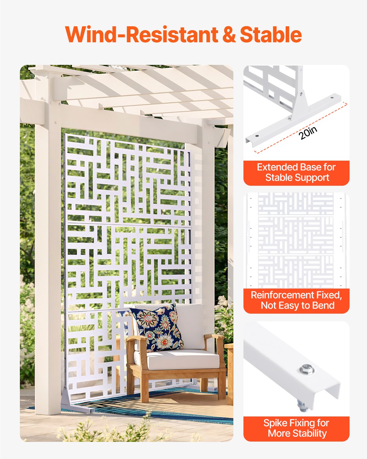 VEVOR Metal Privacy Screen, 47" W x 76" H Outdoor Privacy Screens 3-Panel, Freestanding Outdoor Divider with Stand, Decorative Garden Steel Privacy Fence for Balcony Patio Indoor Room Hot Tub White - DLSHWYSPMJS7WAS68V0 - view 4