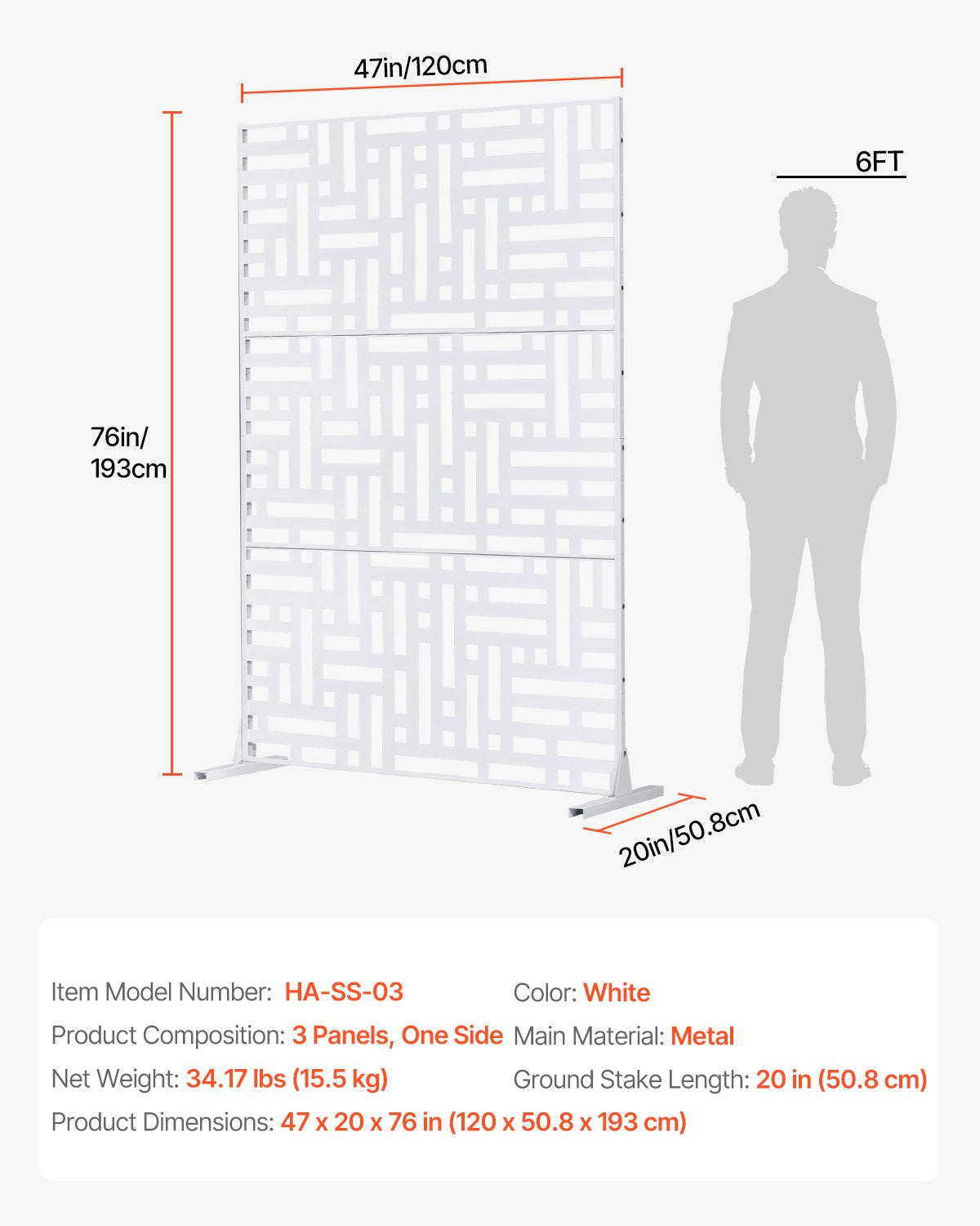 VEVOR Metal Privacy Screen, 47" W x 76" H Outdoor Privacy Screens 3-Panel, Freestanding Outdoor Divider with Stand, Decorative Garden Steel Privacy Fence for Balcony Patio Indoor Room Hot Tub White - DLSHWYSPMJS7WAS68V0 - view 8