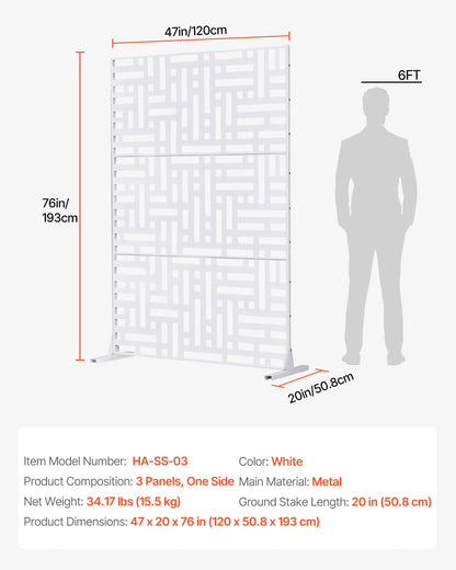VEVOR Metal Privacy Screen, 47" W x 76" H Outdoor Privacy Screens 3-Panel, Freestanding Outdoor Divider with Stand, Decorative Garden Steel Privacy Fence for Balcony Patio Indoor Room Hot Tub White - DLSHWYSPMJS7WAS68V0 - view 8