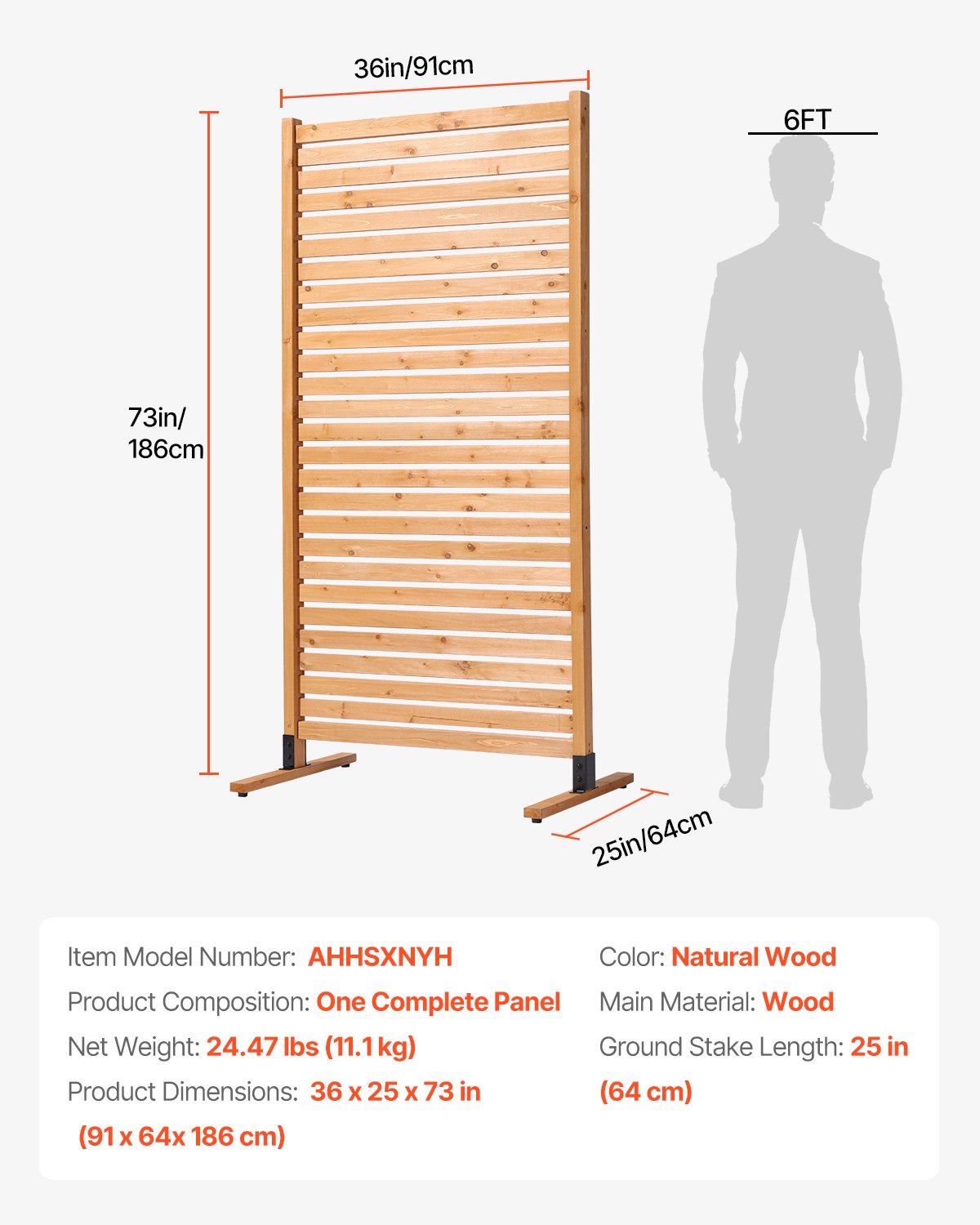 VEVOR Wooden Privacy Screen, 36" W x 76" H Outdoor Privacy Screen, Freestanding Wood Privacy Panel with Stand, Decorative Patio Privacy Screen, Outdoor Divider for Balcony Patio Lawn Garden - DLSHWYSPMMZ3N1PEVV0 - view 8
