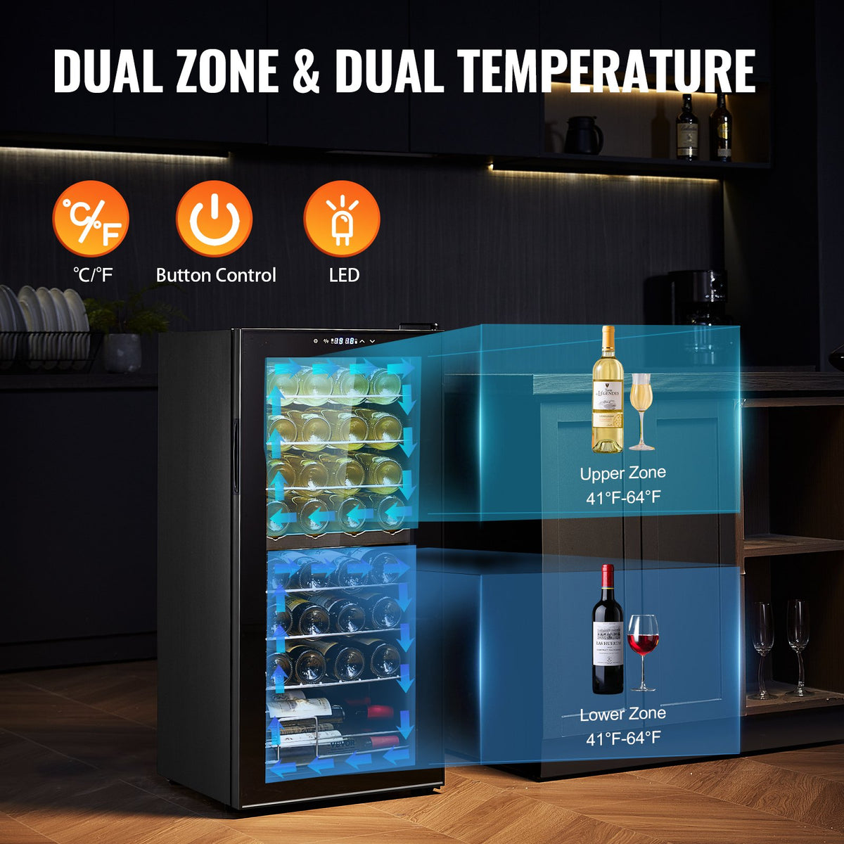 VEVOR 32-Bottle Wine Cooler, Dual Zone & Dual Temperature Wine Fridge, Freestanding Refrigerator with Digital Control, Tempered Glass Door with UV Protection, Red & White Wine Storage for Home Bar - DLSJJBXJJDZS30P98V1 - view 4