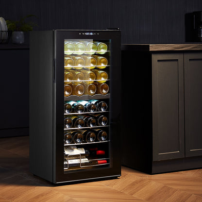 VEVOR 32-Bottle Wine Cooler, Dual Zone & Dual Temperature Wine Fridge, Freestanding Refrigerator with Digital Control, Tempered Glass Door with UV Protection, Red & White Wine Storage for Home Bar - DLSJJBXJJDZS30P98V1 - view 9
