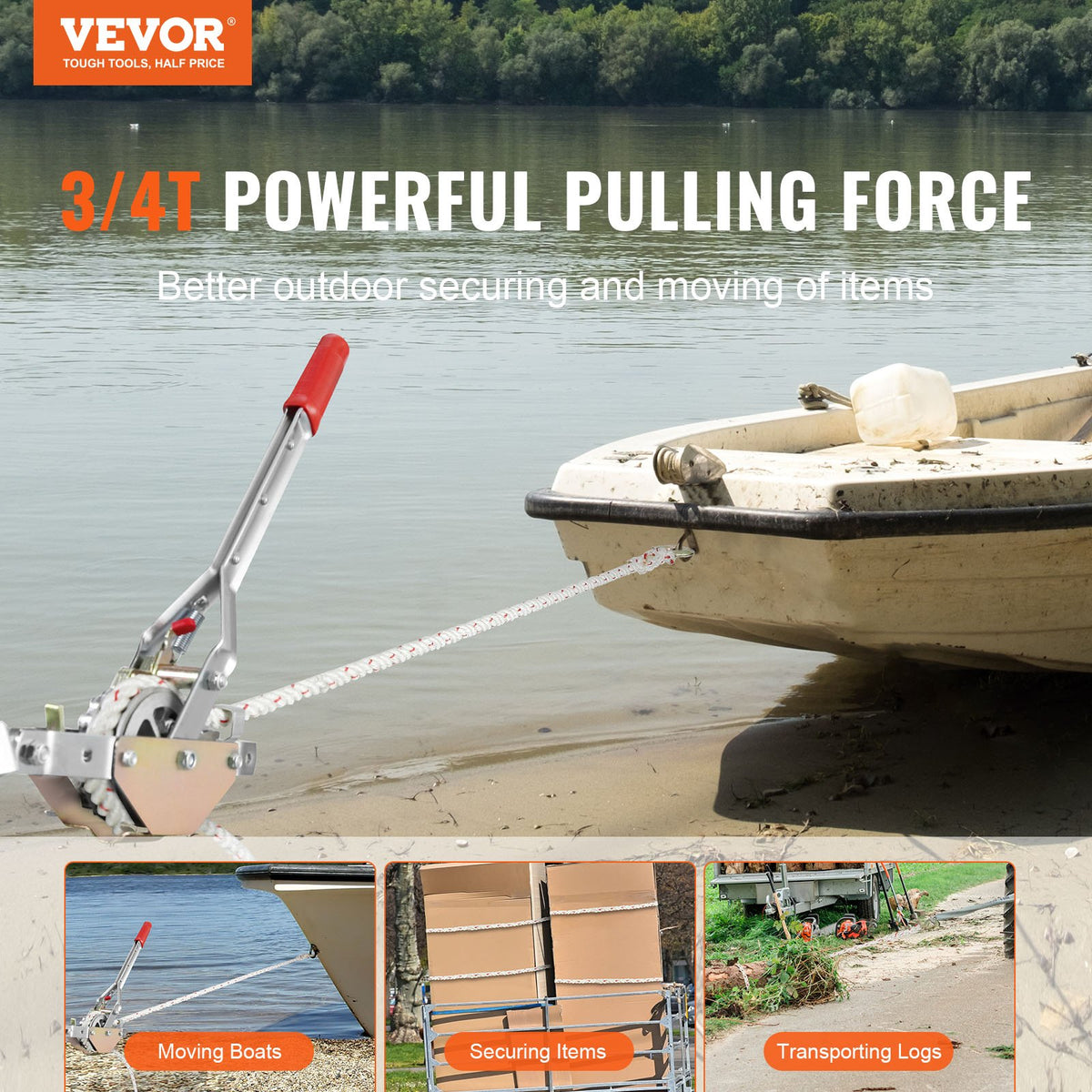 VEVOR Rope Puller, 3/4 Ton (1, 653 lbs) Pulling Capacity, with 100' of 0.6" dia. Rope, 2 Hook, Come Along Winch