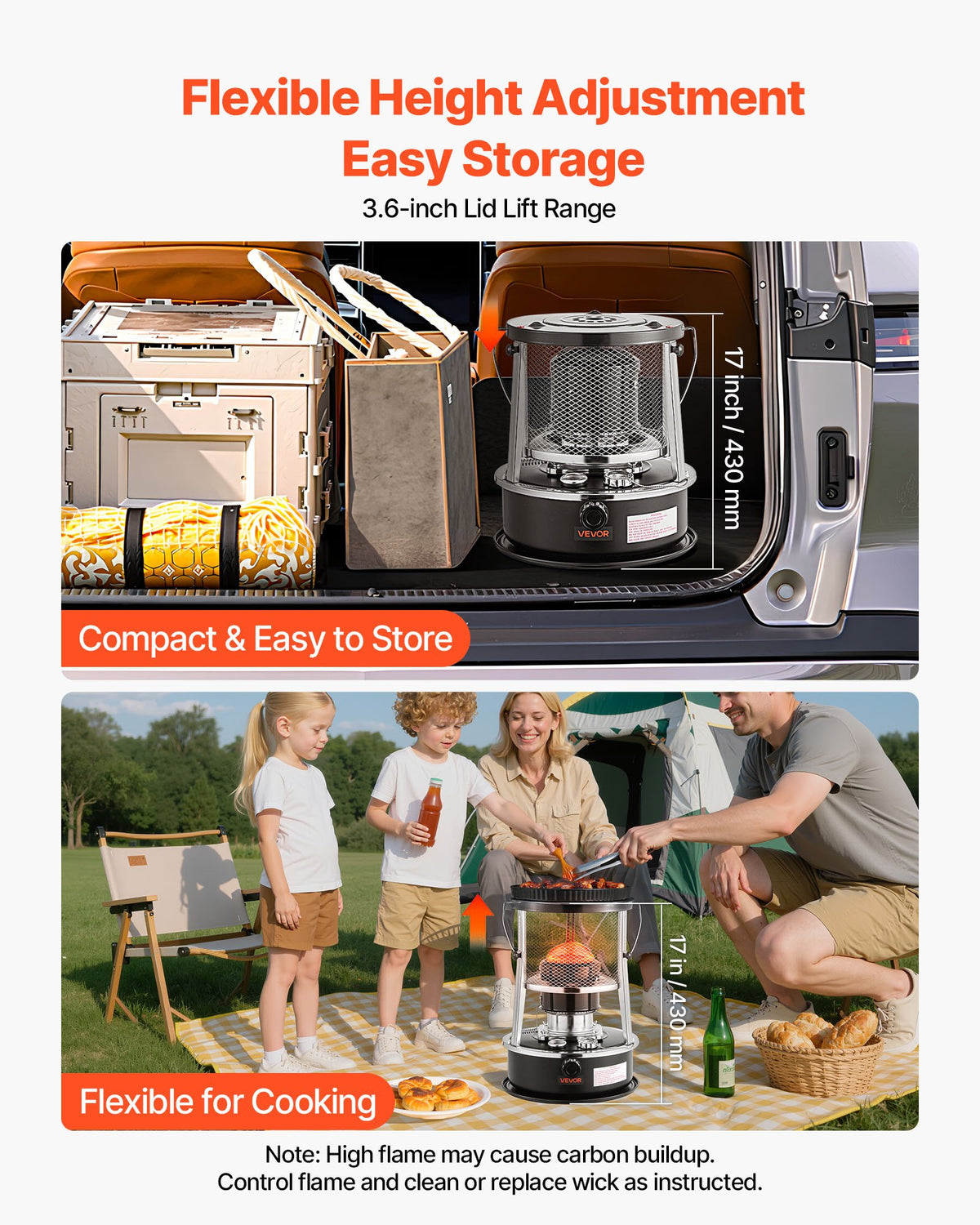 VEVOR 9000 BTU Portable Kerosene Heater & Stove, 2 in 1 Non-Electric Indoor Outdoor Heater with Adjustable Height & Flame & Easy Storage,for Camping, Hunting, Cooking, Home, Garage, Black - DLSMYQNQTZ90VE6P6002V0 - view 6