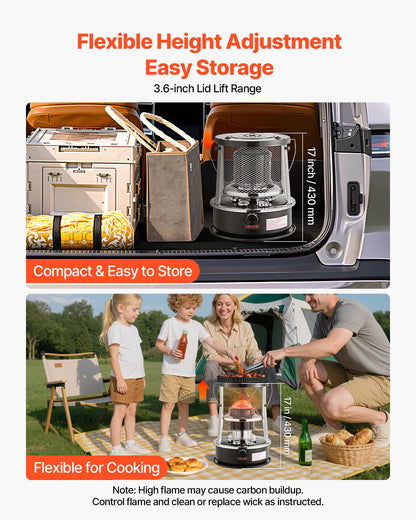VEVOR 9000 BTU Portable Kerosene Heater & Stove, 2 in 1 Non-Electric Indoor Outdoor Heater with Adjustable Height & Flame & Easy Storage,for Camping, Hunting, Cooking, Home, Garage, Black - DLSMYQNQTZ90VE6P6002V0 - view 6