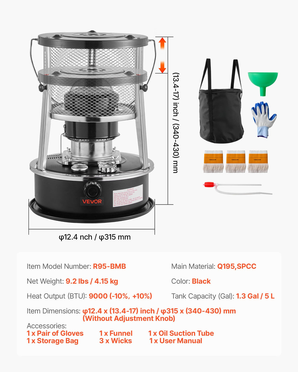 VEVOR 9000 BTU Portable Kerosene Heater & Stove, 2 in 1 Non-Electric Indoor Outdoor Heater with Adjustable Height & Flame & Easy Storage,for Camping, Hunting, Cooking, Home, Garage, Black - DLSMYQNQTZ90VE6P6002V0 - view 8