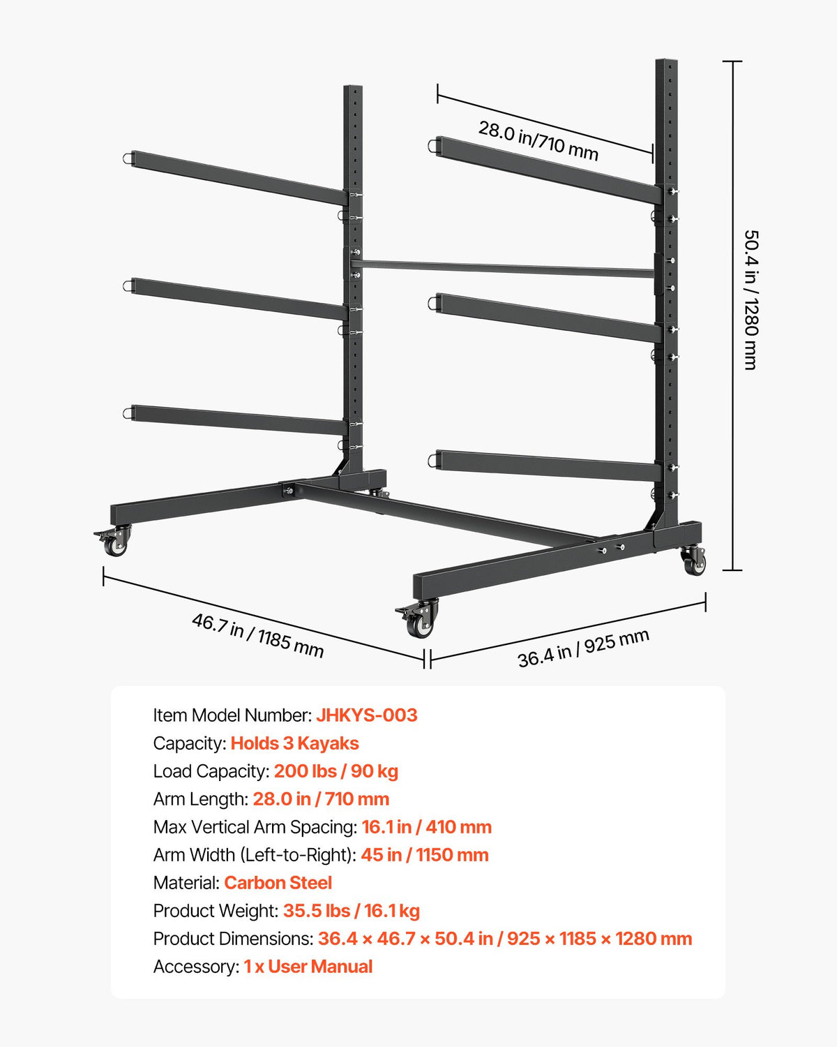 VEVOR Kayak Storage Rack for 3 Kayaks, Holds 200 lbs, Heavy Duty Adjustable Freestanding Stand with Lockable Wheels for Indoor Outdoor Garage Shed Dock, Holder for Canoe, SUP, Surfboard & Paddleboard - DLSPHTZJ3SDM94B2I001V0 - view 8