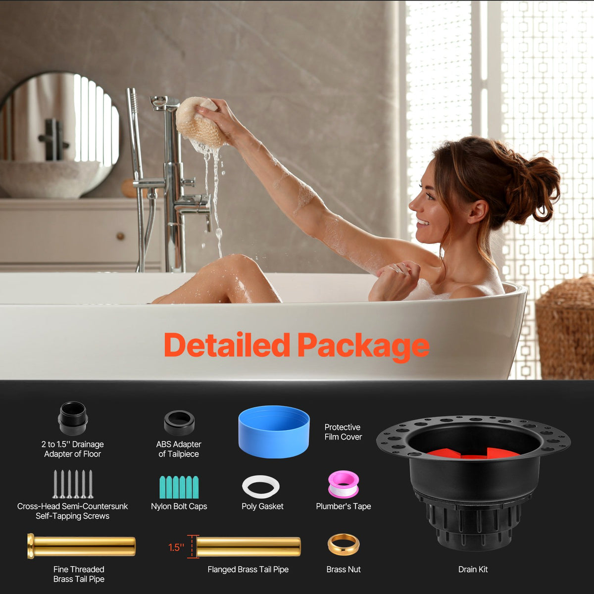 VEVOR ABS Freestanding Tub Drain Kit, 2 Brass Tail Pipes, Bathtub Drain Rough-in Kit, with ABS Adapter of Tailpiece, Compatible with Freestanding Bathtubs, Floor Mounted Bathtubs and Island Bathtubs - DLSYGPSGABSTACIYLV0 - view 7