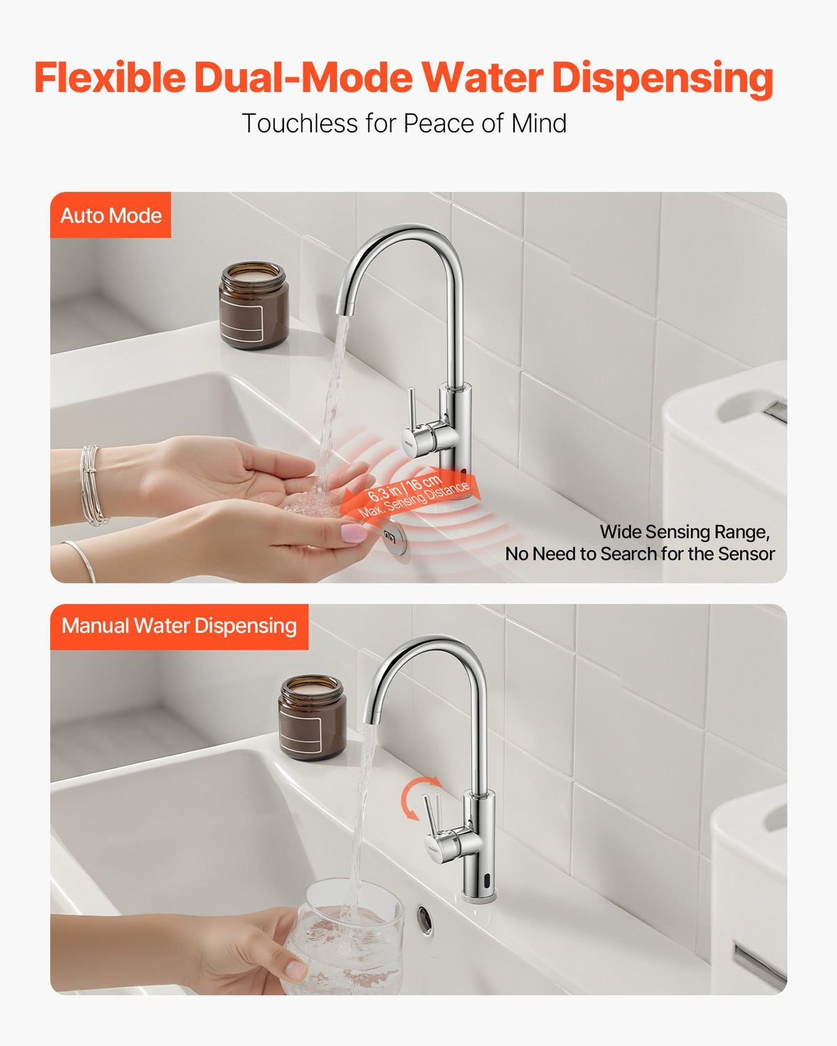 VEVOR Touchless Kitchen Bar Sink Faucet, Single Handle Automatic Motion Sensor Bathroom Faucet, Hands-Free Adjustable Cold Hot Water Mixer Flexible Swivel for 9/16 in Pipe,Chrome Plated Silver - DLTDGSDHZDLRKLXL7001V9 - view 3