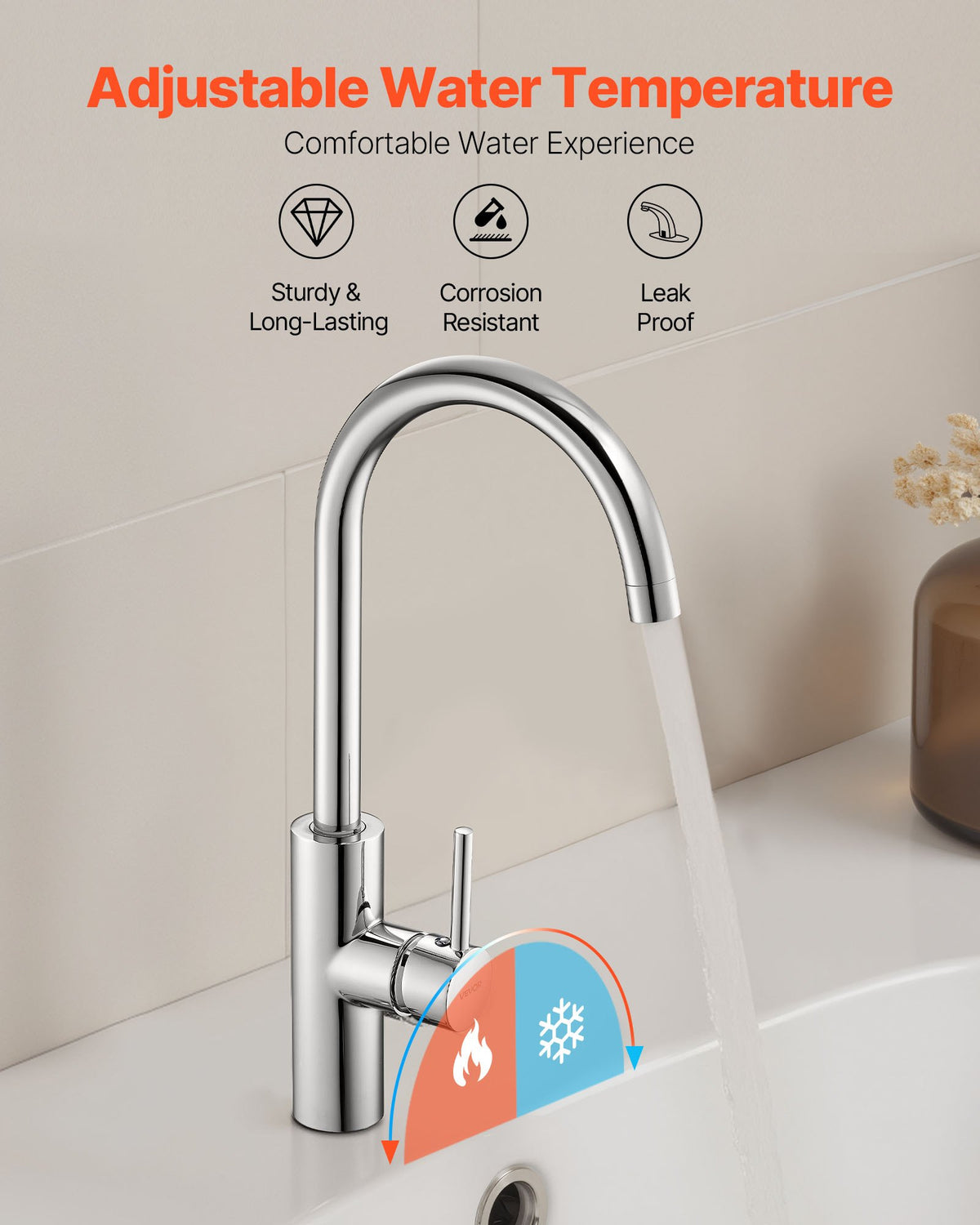 VEVOR Touchless Kitchen Bar Sink Faucet, Single Handle Automatic Motion Sensor Bathroom Faucet, Hands-Free Adjustable Cold Hot Water Mixer Flexible Swivel for 9/16 in Pipe,Chrome Plated Silver - DLTDGSDHZDLRKLXL7001V9 - view 5